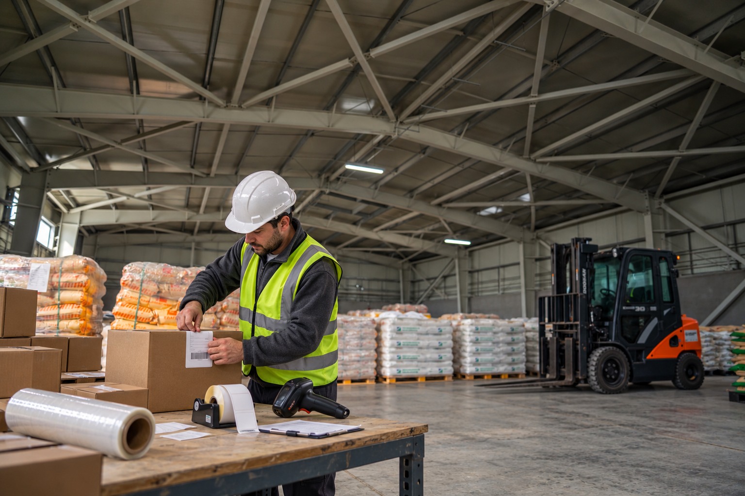Warehouse worker applying a shipping label to a carton