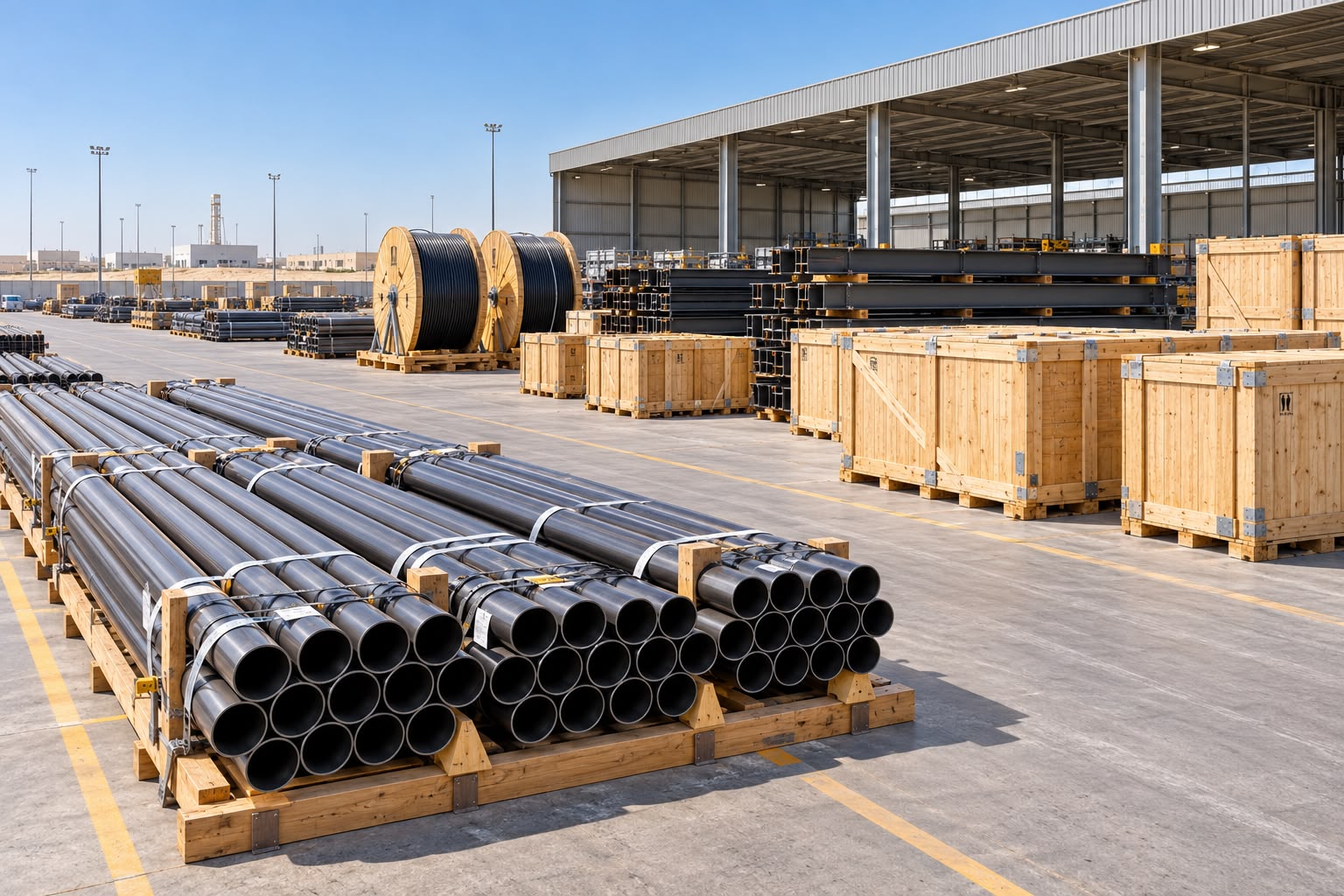 Pipes, cable reels and crated cargo in a storage yard